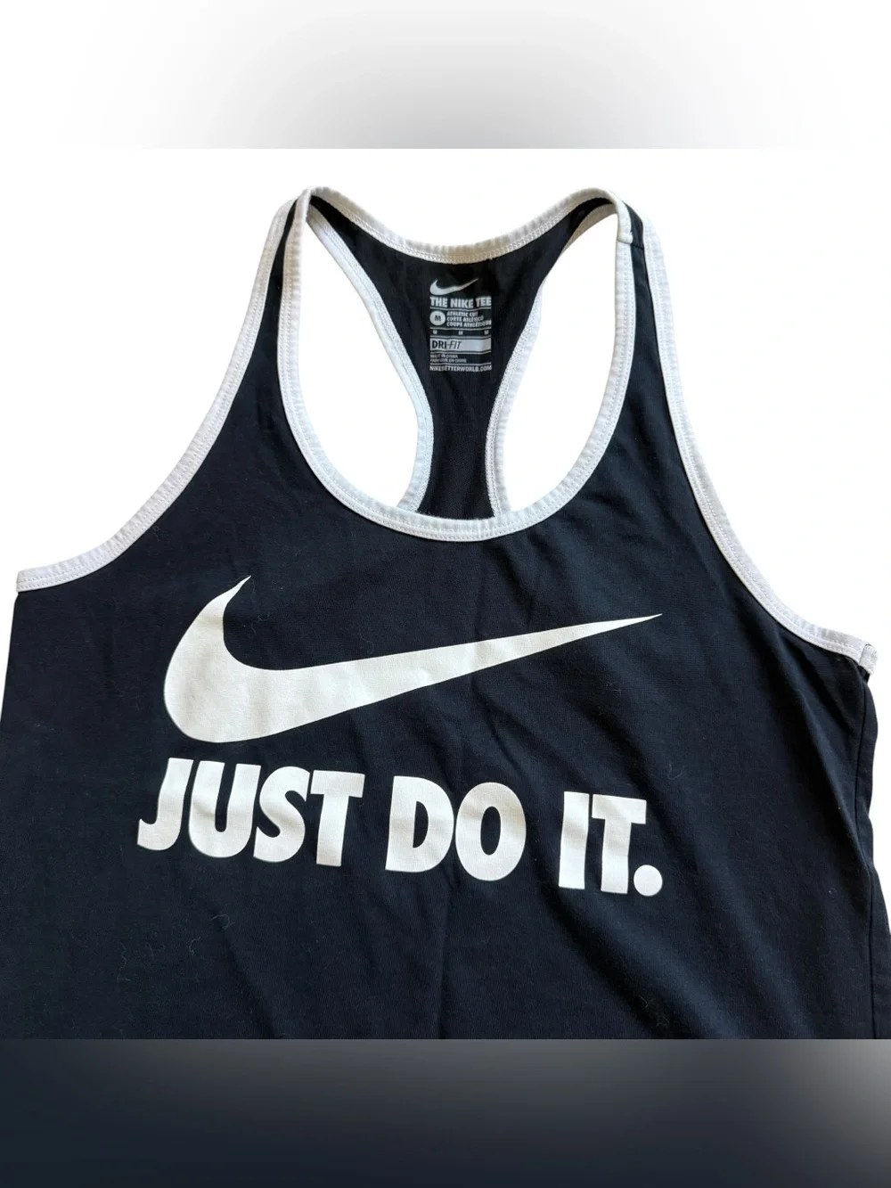 Nike Dri-FIT Just Do It Racerback Tank Top Black White Swoosh Women’s M Gym